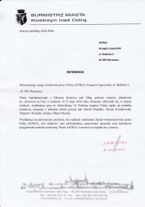 Referencje od burmistrza Kostrzyna nad Odrą dla firmy Astral